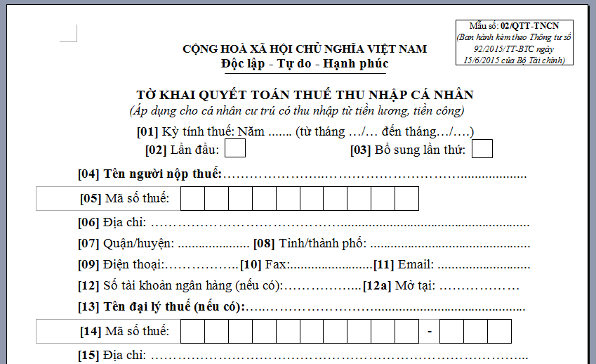 Tờ khai quyết toán thuế thu nhập cá nhân