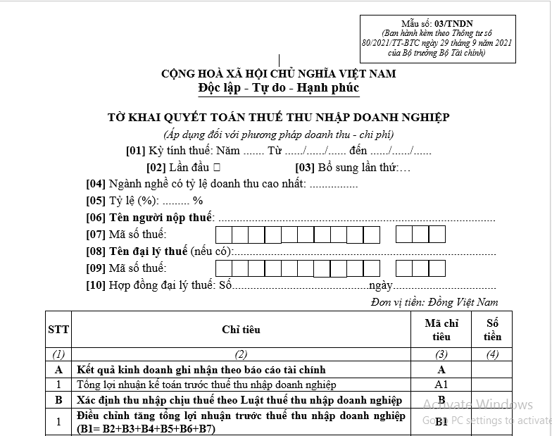Tờ khai quyết toán thuế thu nhập doanh nghiệp